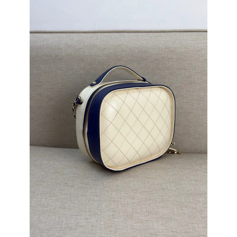 CHANEL Blue and White Lambskin Two Tone Vanity Case Bag SHW